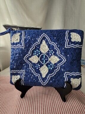 America and Beyond Beaded Navy Blue & White Clutch